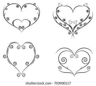 Heart curls and scrolls set. Decorative elements for frames. Elegant swirl vector illustration. 