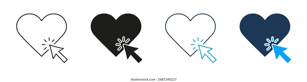 Heart With Cursor Click Line And Solid Icon Set. Online Interaction, Digital Engagement, And Social Media Like Symbol Collection. User Experience And Connectivity. Isolated Vector Illustration.