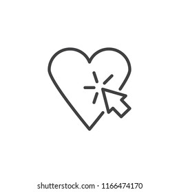 Heart and cursor click outline icon. linear style sign for mobile concept and web design. Heart mouse cursor line vector icon. Symbol, logo illustration. Pixel perfect vector graphics