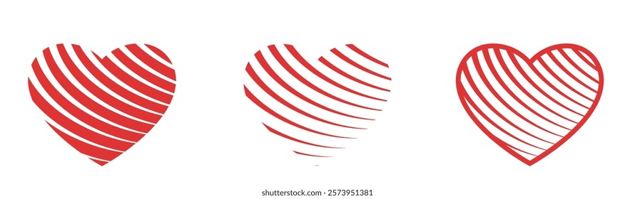 Heart with curved stripes set. Love, romantic and valentines design elements. Isolated vector images