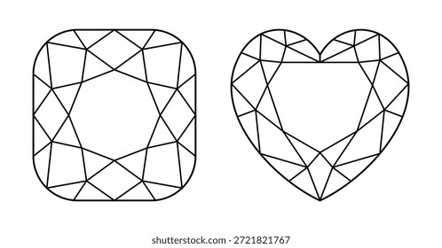 Coração, amortecedor diamante angular corte ícones de forma. Coração brilhante, corte em forma de almofada. Preciosos padrões de contorno de pedra preciosa para design de joias, marca, embalagem, logotipo, web, aplicativo. Criar diagrama simples