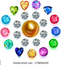 Heart cut gemstone motif pattern shape set on white background, vector illustration
