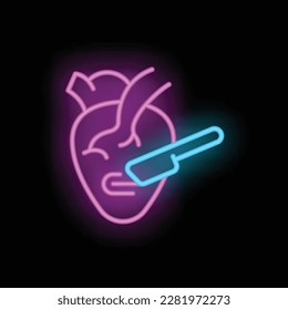 Vector de contorno de icono de corte cardíaco. Paciente clínico. Color del neón de la cirugía cardiaca aislado en negro