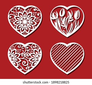 Heart Cut On Red Background For Laser Cutting. Set Of White Ornamental Hearts. Tulips, Sunflower In Heart Shape. Vector Illustration.