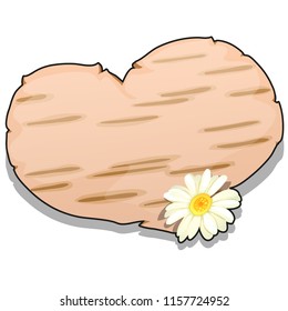 Heart cut out of birch bark decorated with the clover flower isolated on white background. Vector cartoon close-up illustration.