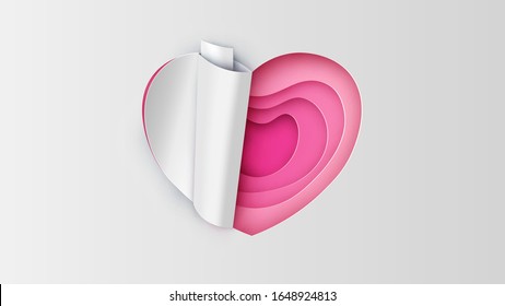 Heart cut out from the paper layer on pink background. Paper layer cut open is pink heart shape. paper cut and craft style. vector, illustration.