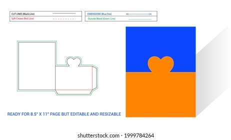 Heart cut shape Pocket or folder dieline, 3D ready for 8.5x11 inch page but editable and resizable