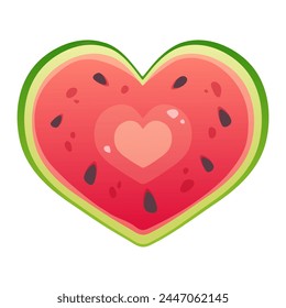 Corazón de sandía cortada sobre fondo blanco. Elemento de diseño de dibujos animados de Vector de sabor a sandía, verano, amor por las sandías