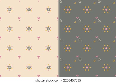 Heart Cute Baby Seamless Patterns, Set Of 2. Mandala Sun Shapes, Spiral, Outline Hearts. Minimalist Geometrical Grid. Tender Pastel Nursery Color Palette. Transparent Background. Vector Illustration