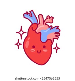 Heart. Cute cartoon character in kawaii style. Healthy organ, cardiovascular system. Vector illustration, flat style. Health problems. For sticker, books, design element. Medical brochure template.