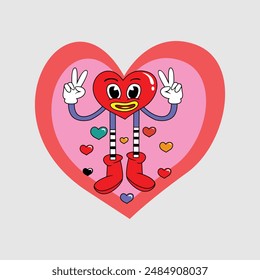 Heart cute cartoon character posing. Trendy 60s 70s retro style emoji. flat Vector illustration.