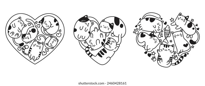 Heart Cute cats doodle, hand drawn vector