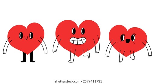 Heart cute character running smiling in love face set. Valentine's Day card, postcard design hand drawn doodle sticker.
