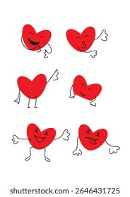 Personagem bonito do coração correndo sorrindo no rosto de amor definido. Cartão de Dia dos Namorados, cartão postal desenho mão desenhado doodle adesivo Coraçãozinho feliz alegre triste desenho animado