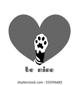 Heart. Cute paw in gray heart. Valentine card.