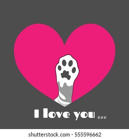 Heart. Cute paw in pink heart. Valentine card.