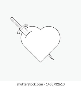 Heart with dagger, icon. Vector illustration isolated on white background. Editable strokes