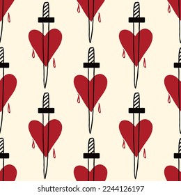 heart with dagger seamless background. Vector illustration in doodle style