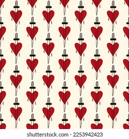 heart with dagger seamless background. Vector illustration in doodle style