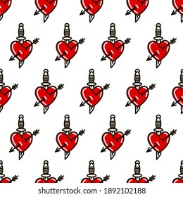  Heart with dagger in the style of old school tattoo seamless pattern. Vector illustration in doodle style.