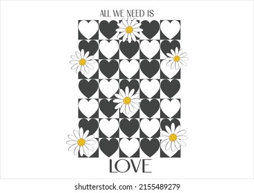 heart and daisy flower vector art checkered seamless plaid
