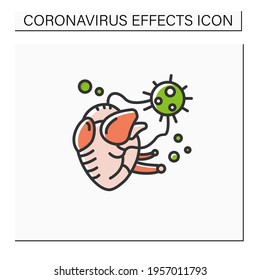 Heart damage color icon. Covid hearth attack. Concept of corona virus cardio health effect and infection frequent disease complications. Isolated vector illustration