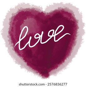 Heart dark pink watercolor on white background with word love. Vector blot. Ink paint. St valentine day sticker, print