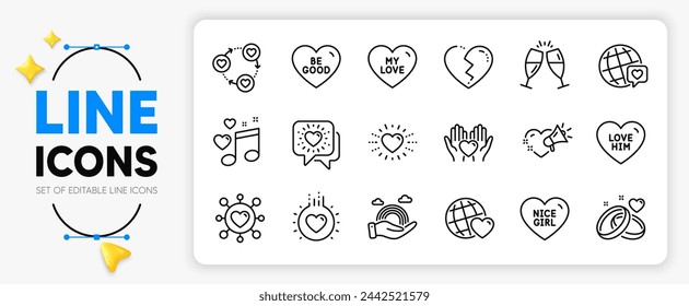 Heart, Dating and Nice girl line icons set for app include Friends world, Love him, Broken heart outline thin icon. Love music, Friends community, Be good pictogram icon. Vector