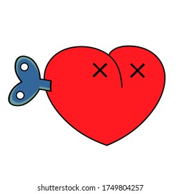 Heart dead cartoon character. Vector illustration of a red mechanical heart with a key.