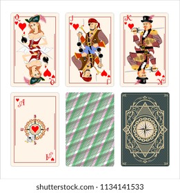 Heart deck playing card. Pirates style character. Black rank illustration game card queen,ace, king, jack