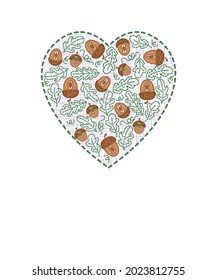 Heart decorated with acorns and oak leaves. Sample. Imitation of embroidery and buttons on linen. Multi-colored image. There is room for text. Vector illustration.