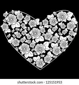 heart is decorated by the flowers of white color on a black background