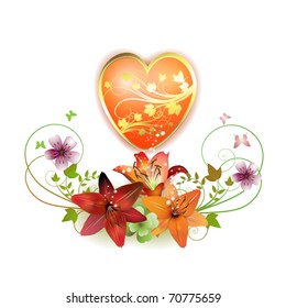 Heart decorated with flowers and butterflies for Valentine's day, vector illustration