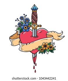 Heart Decorated With Flowers Pierced With Dagger. Tatoo Ancient Dagger Piercing Heart With Dripping Blood. Heart With Ribbon. Heart Bleeding. Retro Tattoo. Old School Retro Vector Illustration.