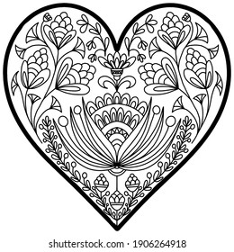 heart decorated with folk style flowers on a white background for coloring, vector