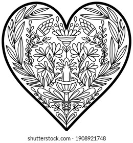 heart decorated with folk style flowers drawn on a white background, vector, valentines day