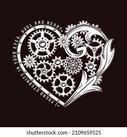 Heart decorated with gears, rivets and victorian elements in steampunk style. Love theme inscription. White emblem on dark background.