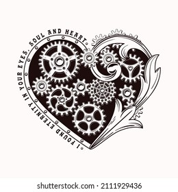 Heart decorated with gears, rivets and victorian elements in steampunk style. Love theme inscription. Black emblem on white background.