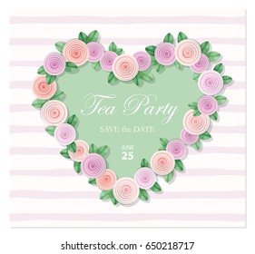 Heart decorated with roses template. Birthday, wedding invitation, Valentine's day card, notebook cover for girls.