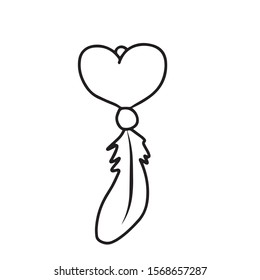 Heart decoration feather pendant.Valentine's day
 .On hand-drawn, on a white isolated background.Design for greeting card,banner, coloring.
