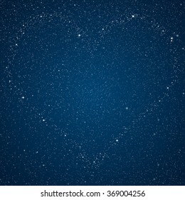 Heart for decorative design. Galaxy sky background. Blue vector love heart. Holiday celebration. Dark starry night. Beautiful universe. Stars night background. Valentine day banner, poster, card.