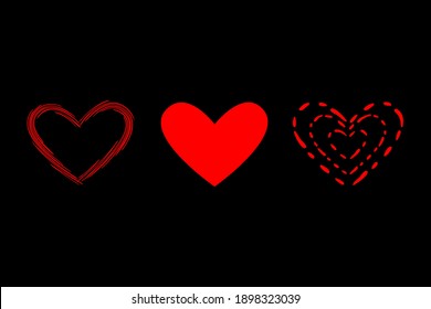 Heart decorative shape icons set. Love symbol. Doodle hand drawn paint brush stroke lines. For web cards, social networks sign. Black background, vector illustration