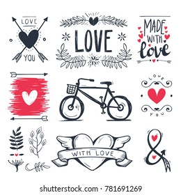 Heart decorative vintage elements, hand drawn collection with arrow, heart, Leave and ribbon 