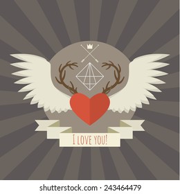 Heart with deer antlers and white wings on gray. Vector illustration. Card of Valentine's day