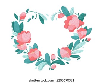 Heart of delicate pink flowers and leaves. Vector illustration isolated on white background. Frame for Valentine's Day. For prints, postcards and other design.
