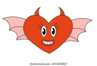 Heart Demon Character for Valentine Day. Mascot in groovy and Y2k style. Vector cartoon illustration.
