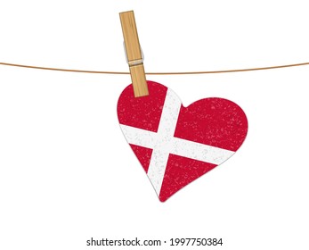 Heart Denmark flag on clothesline. Vector illustration on a white background.