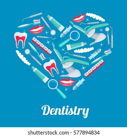 Heart With Dentistry Icons. Tooth, Dentist Tool, Toothpaste, Toothbrush, Chair, Brace, Smile, Mirror, Syringe And Probe Arranged Into Heart Shaped Badge For Dentistry Or Dentist Office Poster Design