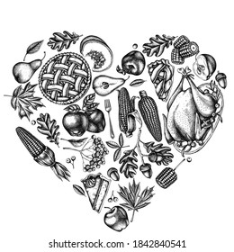 Heart design with black and white pumpkin, fork, knife, pears, turkey, pumpkin pie, apple pie, corn, apples, rowan, maple, oak