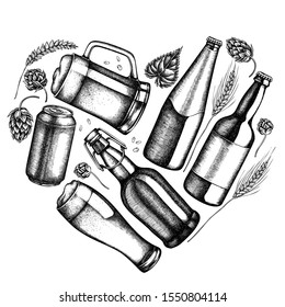 Heart design with black and white rye, hop, mug of beer, bottles of beer and an aluminum can.